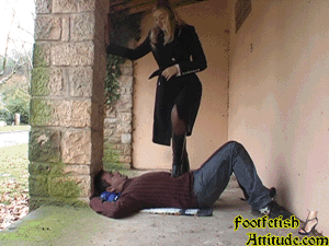 Kitty high heel boots and stocking feet trample