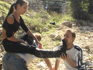 Maeva outdoor boots domination on two slaves - Part 1