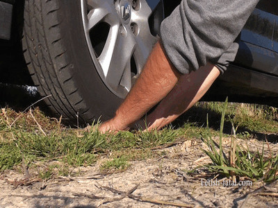 The slave is crushed 2 hands under the wheels of his mistress