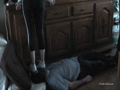 Samantha jumps brutally on her slave dressed in fitness
