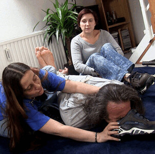 Tied up slave lick our feet and shoes