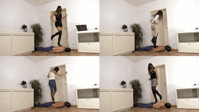 Slave used as a doormat for different dirty boots